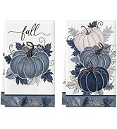 Artoid Mode Blue Leaves Pumpkin Fall Kitchen Towels Dish Towels, 18x26 Inch Farmhouse Autumn Deco...