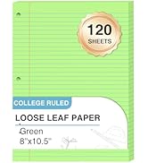 Green Loose Leaf Paper 8 x 10.5, 120 Sheets Lined Paper College Ruled Paper, 3 Hole Punched Noteb...