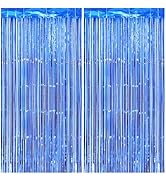 Thicken Blue Streamers 2 Pack 3.2 x 8.2 FT, Blue Foil Fringe Tinsel Backdrop Curtains for Graduat...