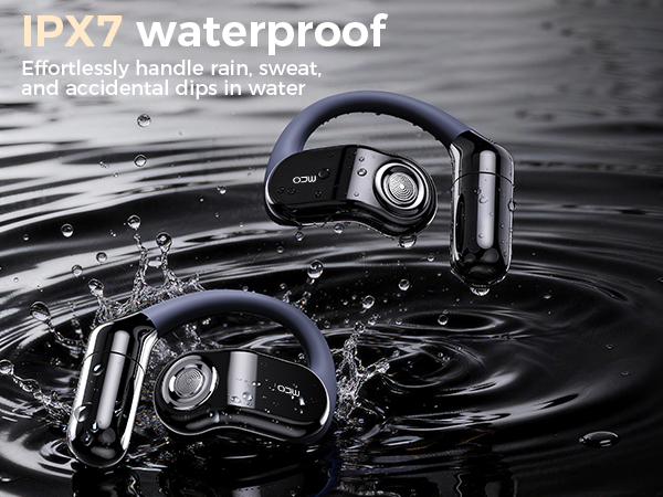 Text reads 'IPX7 waterproof'. Black electronic devices shown in water with ripple effects, demonstrating waterproof capabilities.
