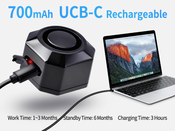 Text reads: '700mAh UCB-C Rechargeable', 'Work Time: 1-3 Months', 'Standby Time: 6 Months', 'Charging Time: 3 Hours'. Shows black charging device connected to laptop.