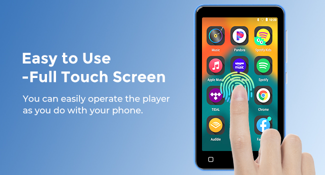Touchscreen media player with colorful app icons. Hand demonstrating finger touch interaction. Text highlights full touch screen and ease of use similar to a phone.