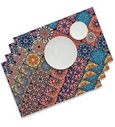 Winotic Boho Bohemian Placemats Set of 4, Vintage Seasonal Washable Linen Table Mats for Dining T...