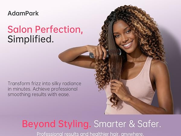 Woman using a cordless heated brush to smooth and style curly hair.