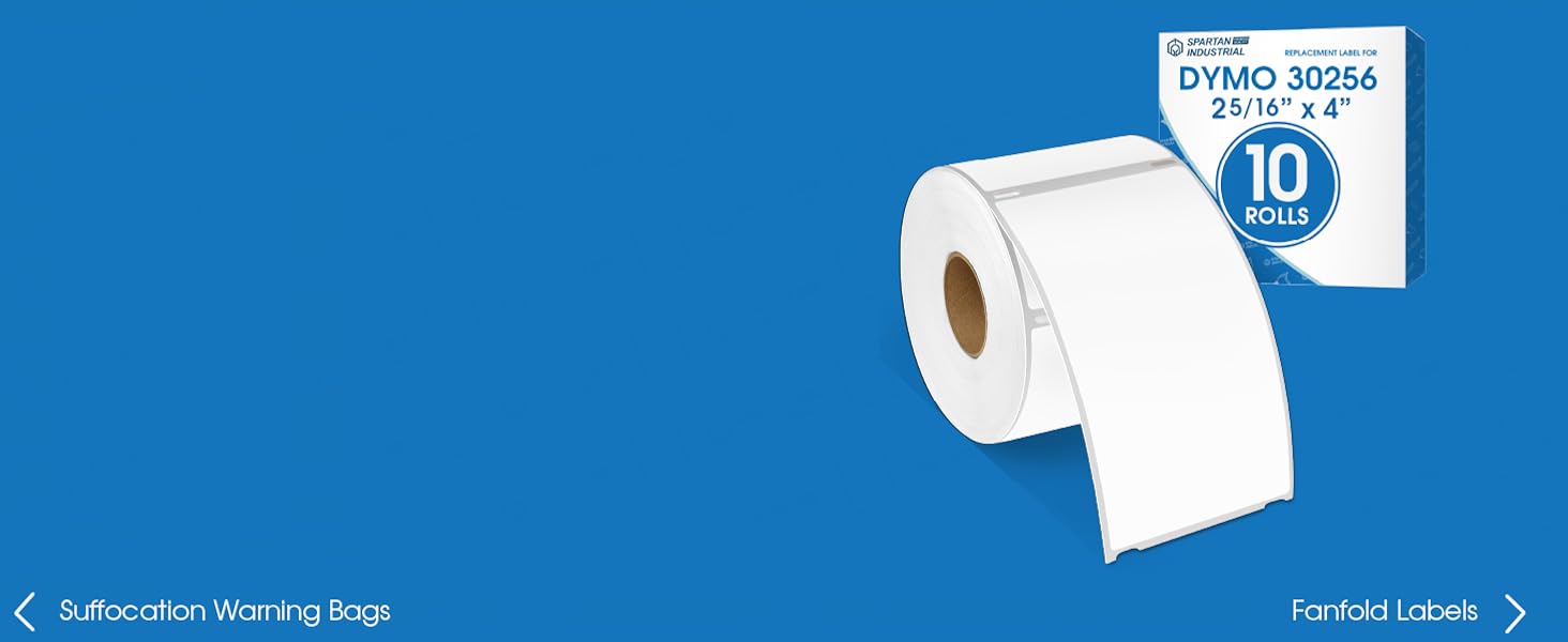 A roll of direct thermal labels in front of its packaging on a blue background.