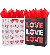 SUNCOLOR Large Valentine's Day Gift Bags with Tissue Paper, Red and White Love Heart Design, 13x1...