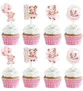 24 PCS Pink Bear Cake Toppers We Can Bearly Wait Cupcake Toppers for Teddy Bear Themed Birthday P...