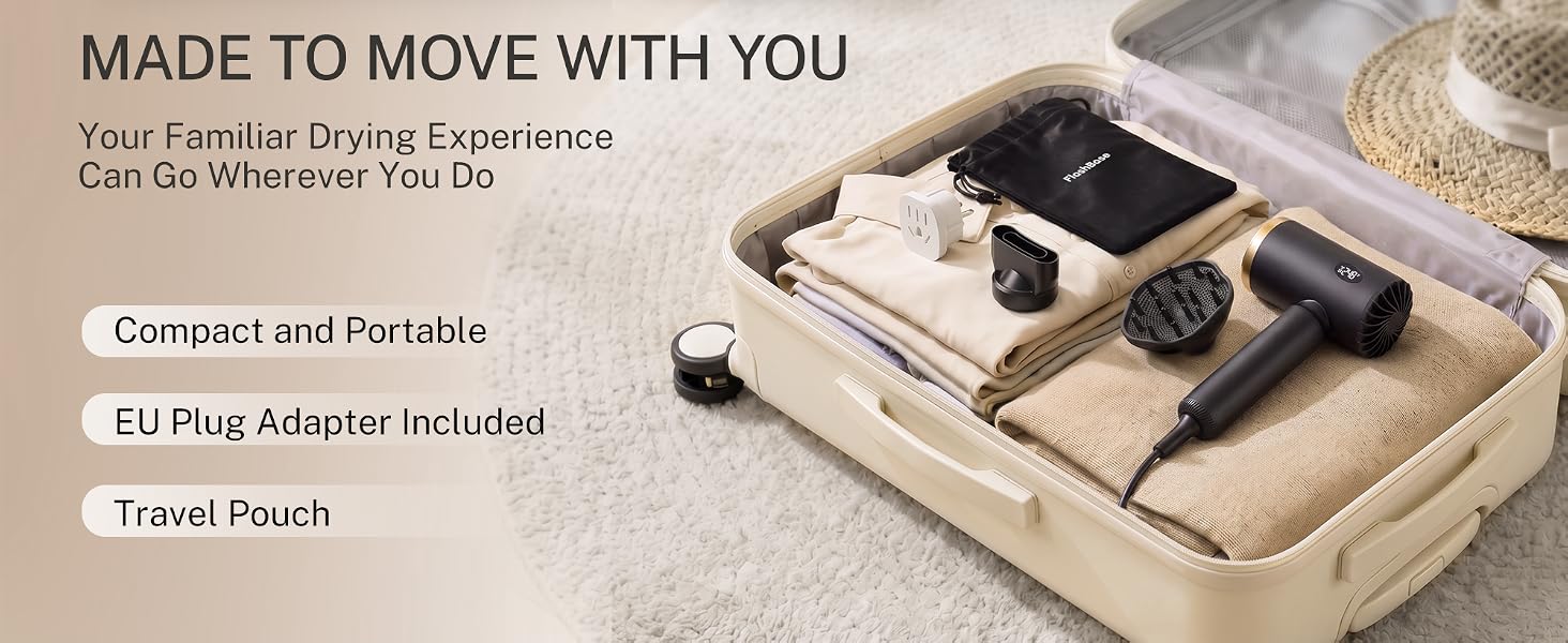 Portable Hair Dryer, Travel Essentials, Compact Design, Travel Pouch