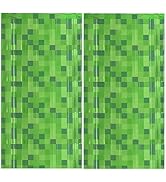 2 Pack Green Pixel Miner Theme Foil Fringe Curtains Backdrop, 3.3x6.6ft Door Streamers Backdrop P...