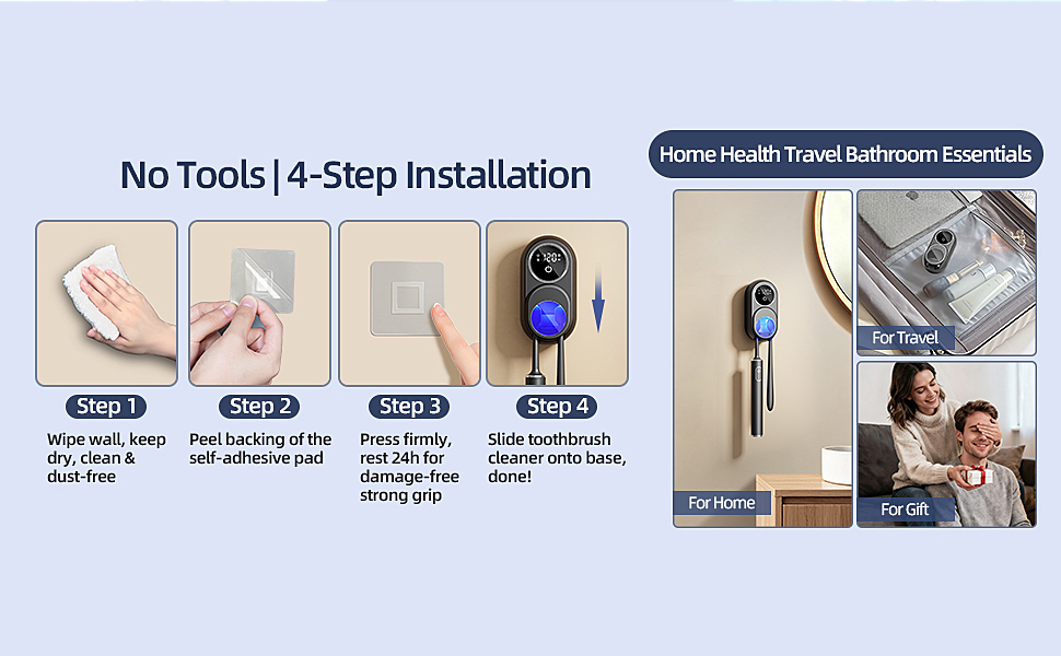 No Tools 4-Step Installation, Wall Mounted Toothbrush Cleaner for Bathroom Travel Gift
