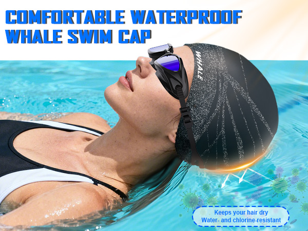 WHALE Swim Cap, waterproof, soft silicone, chlorine-resistant.