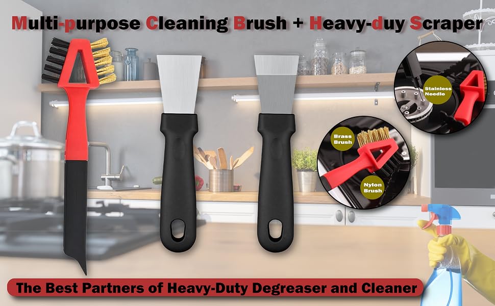 Kitchen Stove Cleaning Brush,Brass Brush Head,Nylon Brush Head,Scraper Tool Set,Heavy Duty Scraper