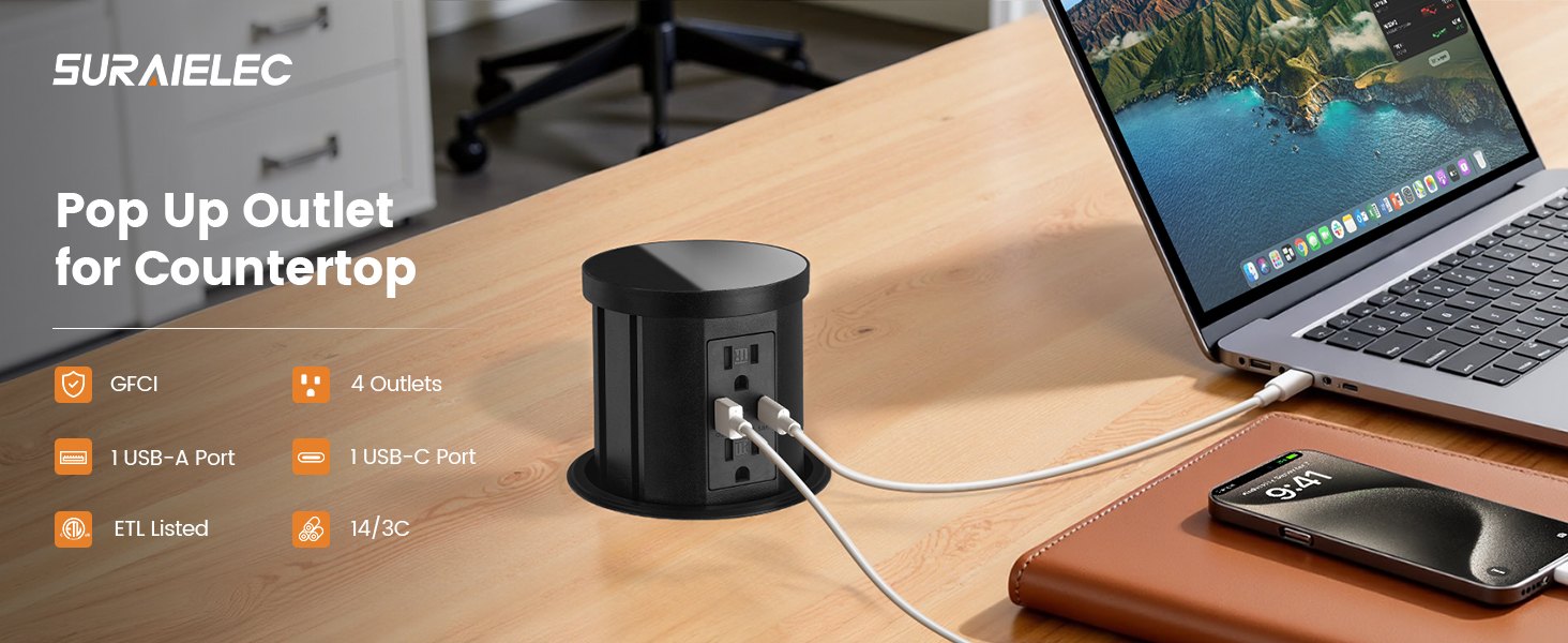 All 4 AC outlets are GFCI sockets Rating: 15A 125VAC 60Hz 1875W USB-A: 5V 2.4A USB-C: 5V 2.4