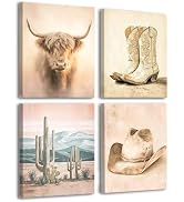 Frimeeme Vintage Western cowboy Canvas Wall Art,Highland Cattle and Cowboy Boots, Vintage Farmhou...