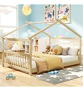 Giantex Full Size Floor Bed, Solid Wood Montessori House Bed with Roof, Headboard and Footboard, ...
