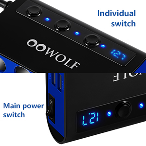 Black power strip with blue LED display, individual switches, and main power switch. Features Oowolf branding and digital readout.