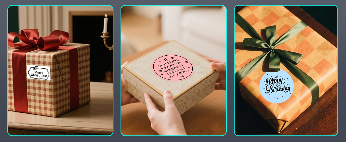 Sequential images showing gift wrapping process with brown kraft paper boxes, green ribbon, and decorative elements being assembled into finished wrapped presents.