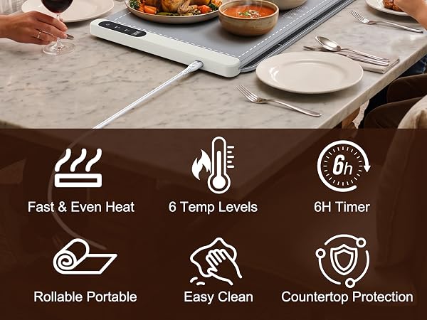 FYY Warming Mat for Food - Rapid and Full Surface Heating, 6 Temp Settings, 6H Timer