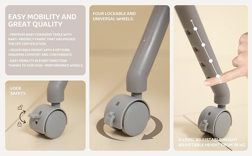 Text reads 'EASY MOBILITY AND GREAT QUALITY'. Three-panel demonstration showing gray furniture caster wheel's movement and rotation capabilities.