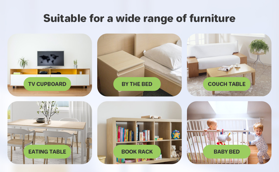 Six-panel furniture layout guide showing product placement options including TV cabinet, bedside, couch table, eating table, book rack, and baby bed.