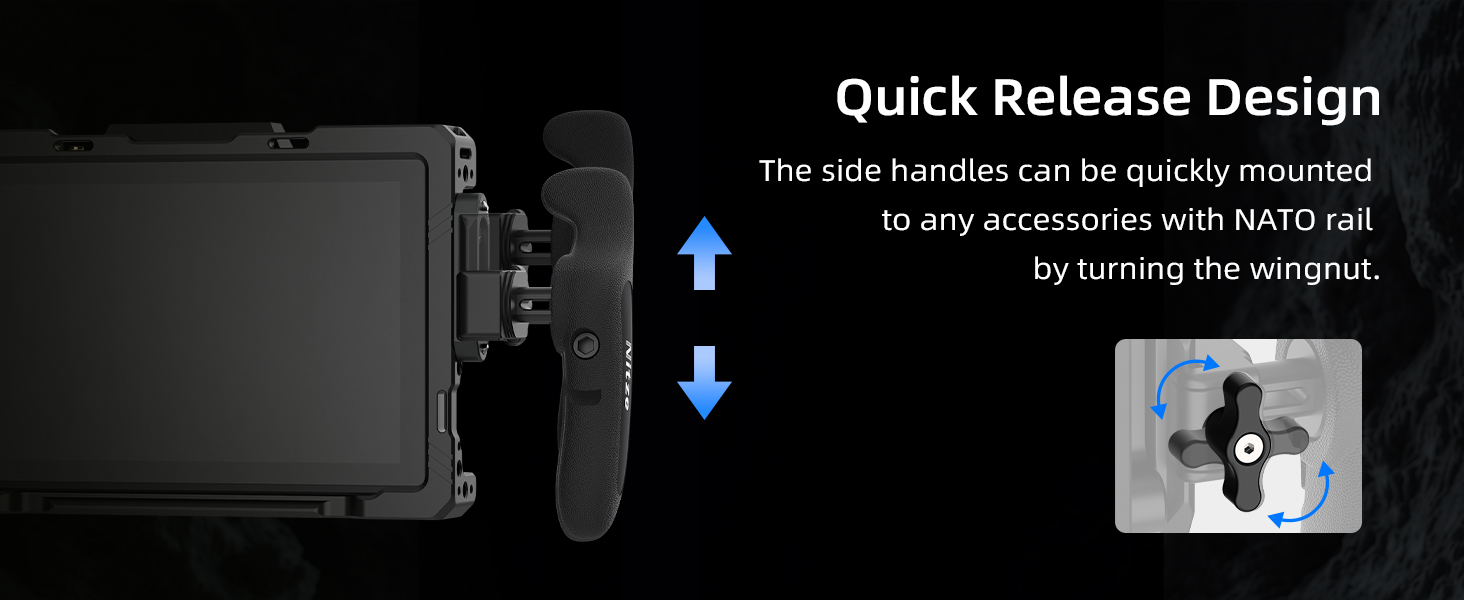 Text reads 'Quick Release Design' with diagram showing tool assembly mechanism and directional arrow indicating mounting process.