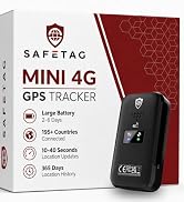 Text reads 'SAFETAG', 'MINI 4G', 'GPS TRACKER', 'Large Battery', '60 Days Standby', 'Global Coverage', '10-40 seconds', 'Location Update', '360 Days'. Black rectangular GPS tracker device shown with product packaging.