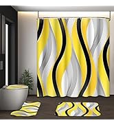 Tayney Yellow Striped Shower Curtain Set with Toilet Lid Cover and Non-Slip Rugs for Bathroom, Gr...