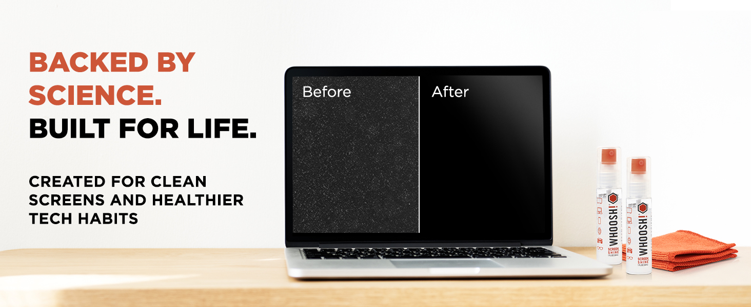 Before & After image showing a dirty vs. clean laptop screen with WHOOSH! cleaner and cloth.