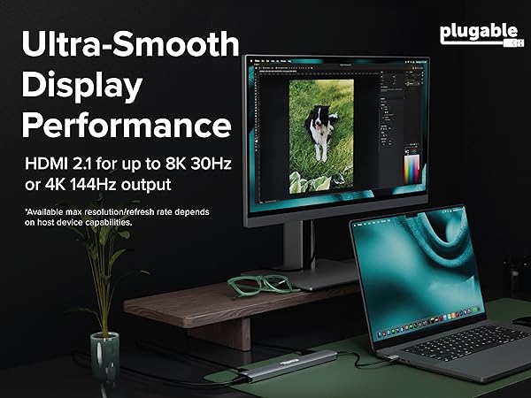 Thunderbolt hub with monitor and laptop, text "Stunning 8K Display" and "HDMI 2.1"