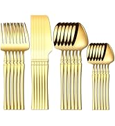 PEIRONG 24-Piece Gold Silverware Set with Steak Knives Spoons and Forks for 6, Stainless Steel Fl...