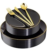 I00000 150Pcs Black and Gold Plastic Plates, Heavy Duty Black Gold Plates with Gold Plastic Silve...