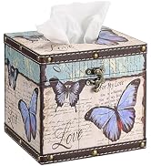 Hoowen Vintage Tissue Box Cover, Wood Square Tissue Box Holder, Decorative Butterflies Design Fau...