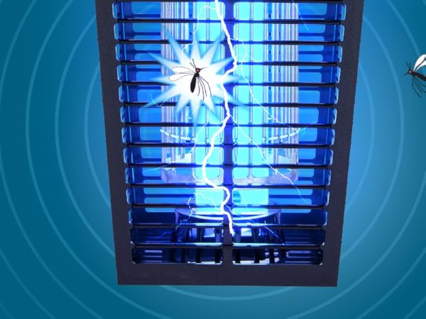 Closeup of bug zapper's electrified grid zapping a bug with other bugs flying around