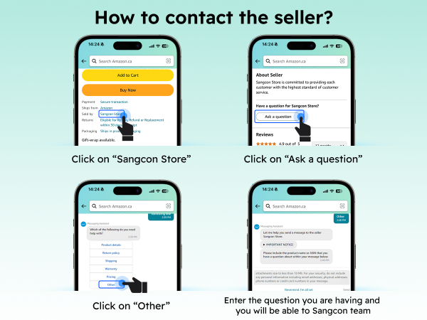 Four app steps show how to contact the Sangcon seller and submit a product question.
