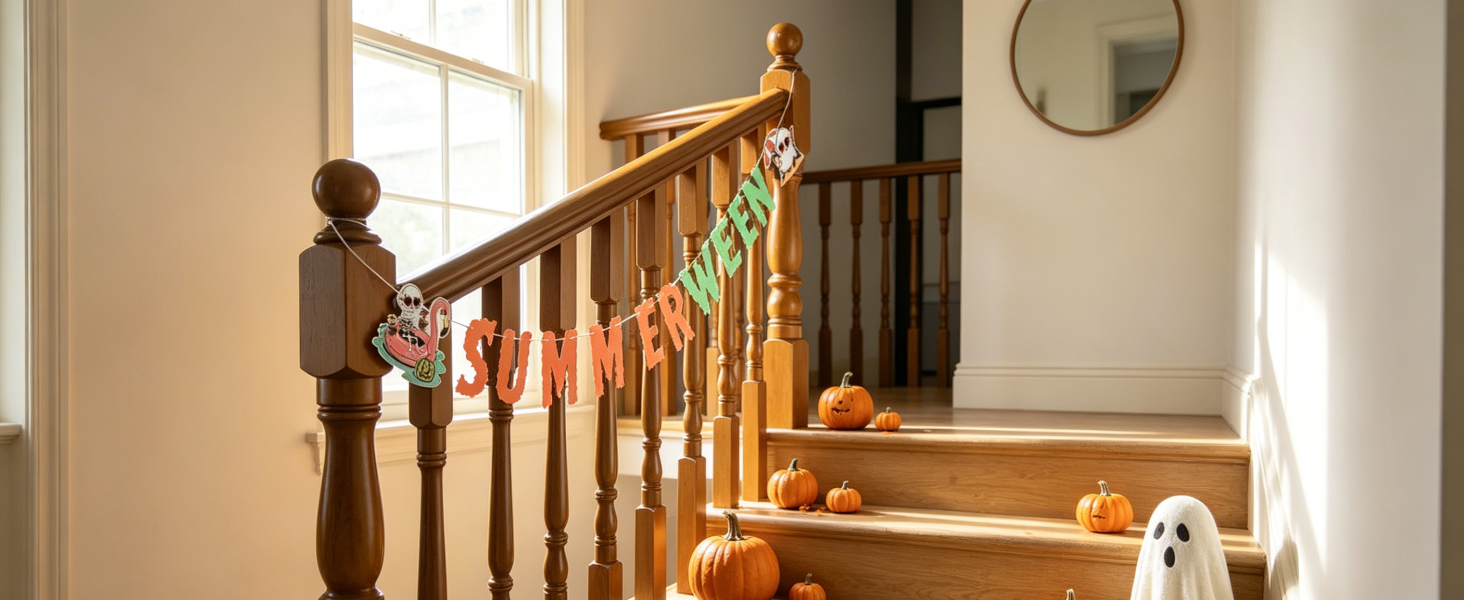Summerween banner along wooden stair railing, angled placement.