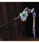 Blue Retro Vintage Flower Hair Stick - Wooden Hairpin with Tassel, Hair Securing for Wedding, Hai...