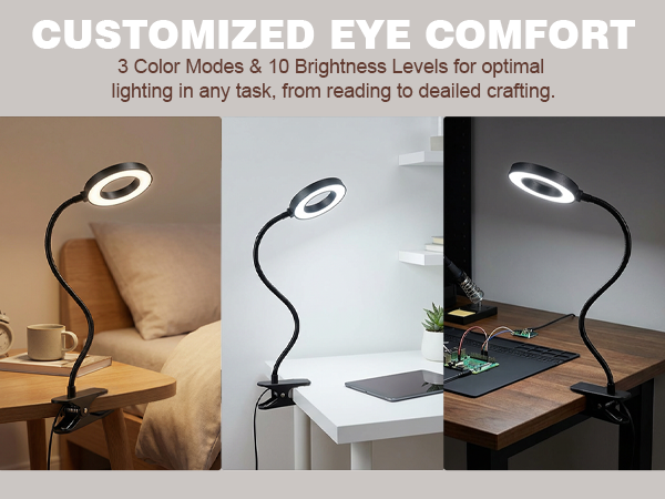LED reading light for bed showing warm, natural and cool color modes, clip on lamp for crafting