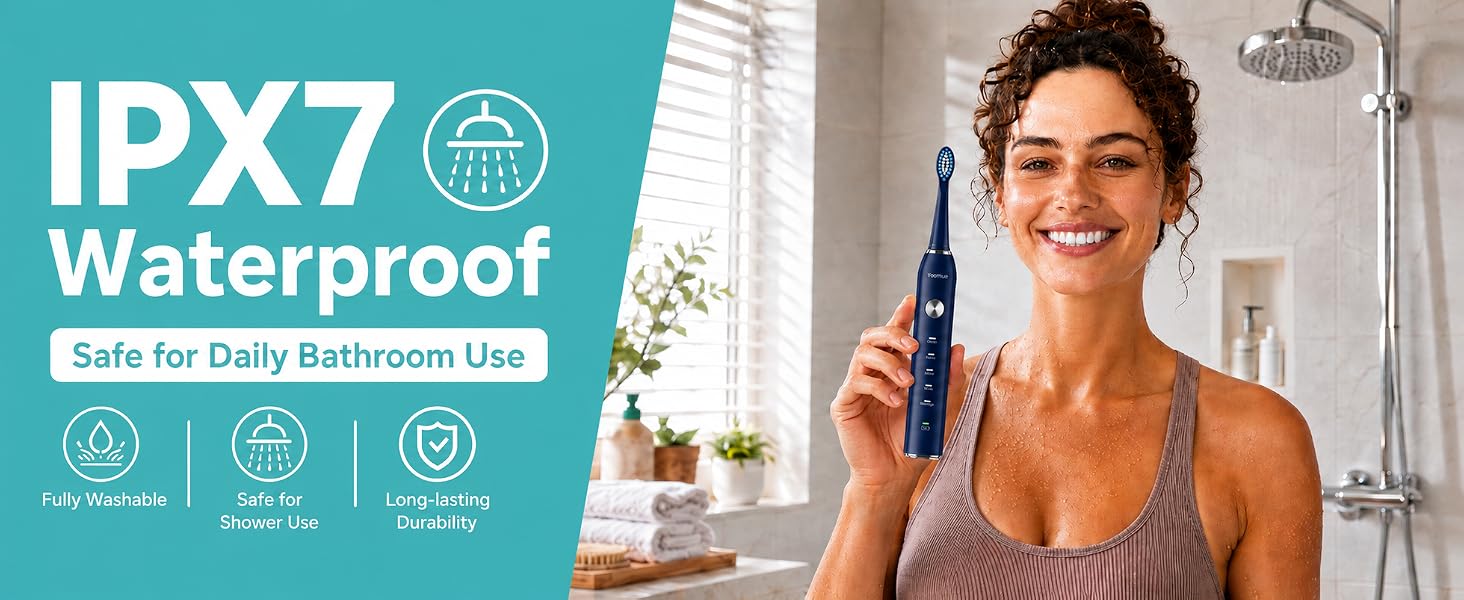 Text reads 'IPX7 Waterproof' and 'Safe for Daily Bathroom Use'. Woman in bathroom holding blue waterproof device, demonstrating water-resistant product for shower use.