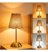 CryzhalinX Boho Rattan Table Lamp,Rechargeable Led Desk Lamp,Small Wicker Lamp with 3 Color Dimma...