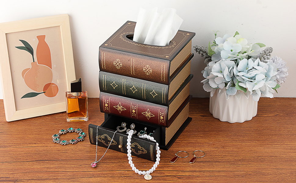 book tissue holder with drawer