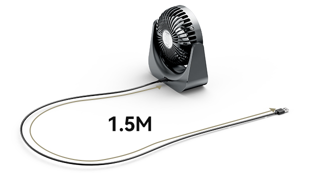 Portable fan with flexible 1.5M cord. Features a compact black design with adjustable tilt and circular grille for directional airflow.