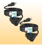 DEWENWILS 2 Pack 15FT Black Tri-Tap Outdoor Extension Cord 16/3, ETL Listed | Stable Power Supply...