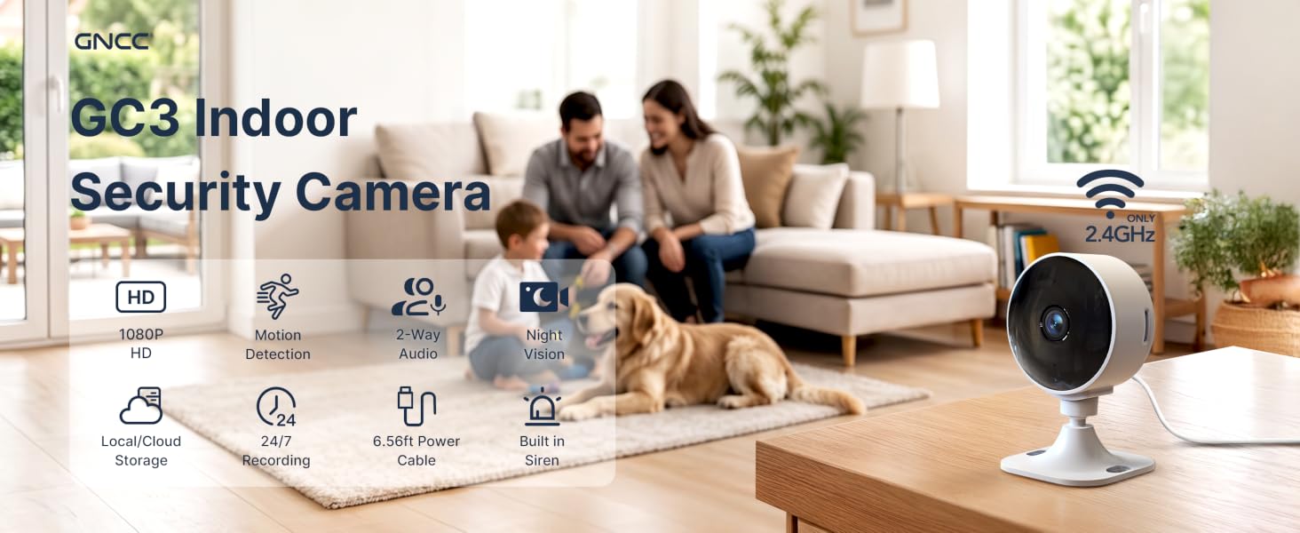 White GNCC GC3 camera in a living room with family, dog, and feature icons