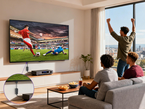 Multiple views of a modern living room with wall-mounted TV displaying sports content, showing different viewing angles and room arrangements.