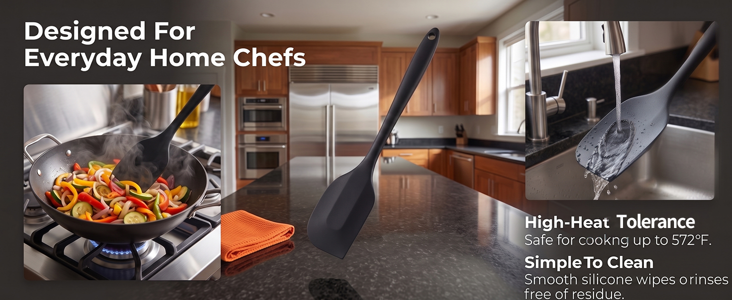 Black silicone spatula ,stir-frying in wok and rinsing under faucet, high-heat tolerance