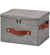 LOLUVIZCO Storage Bin Box with Zippered Lid Cotton Linen Fabric Decorative Basket with PU Leather...