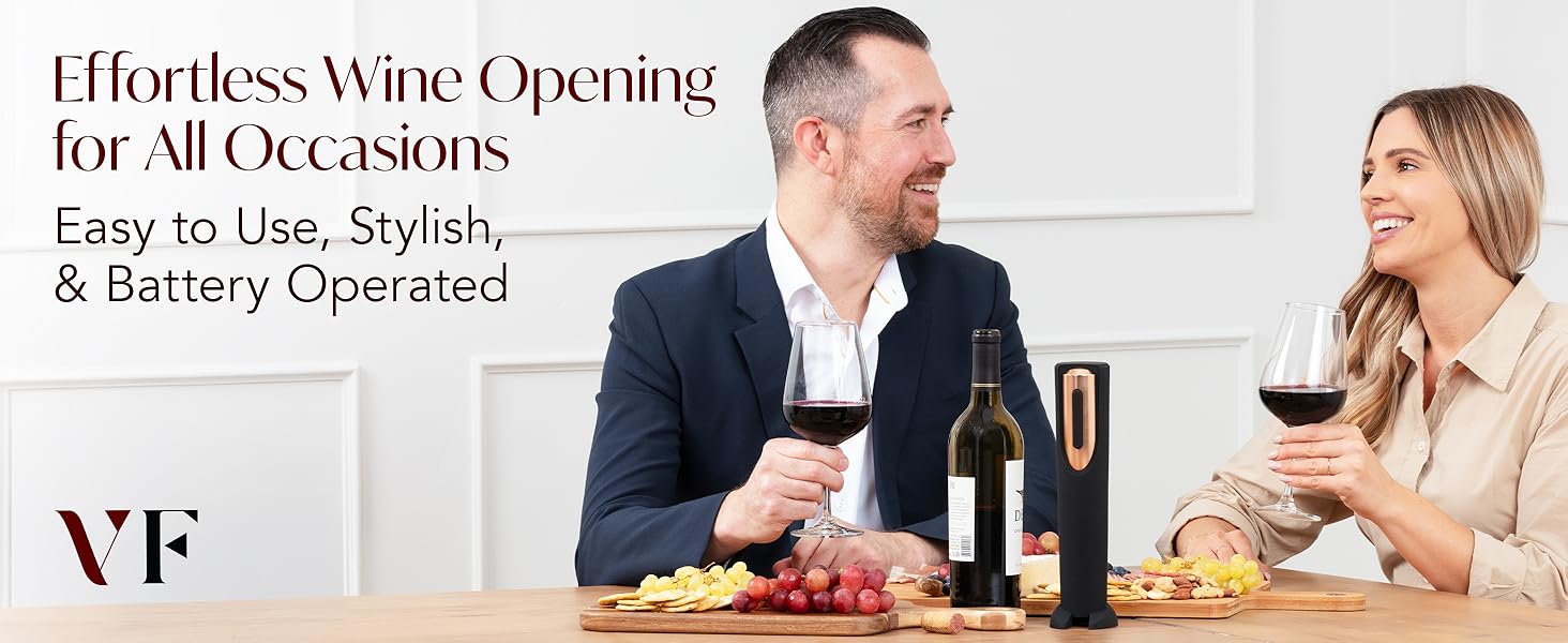 Battery operated wine opener with red wine and cheese board being enjoyed by happy couple