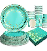 Gudvilla 200PCS Teal Plates and Napkins Party Supplies,Teal Paper Plates with Golden Dot Serve 50...