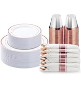 BESTVIP 175PCS Rose Gold Plastic Dinnerware Set, Disposable Party Plates for 25 Guests, Include: ...