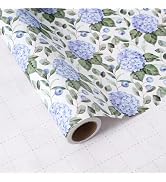 ZINTBIAL Hydrangea Floral Wrapping Paper Roll - Blue Watercolor Floral Design, 17 Inches x 16.5 F...